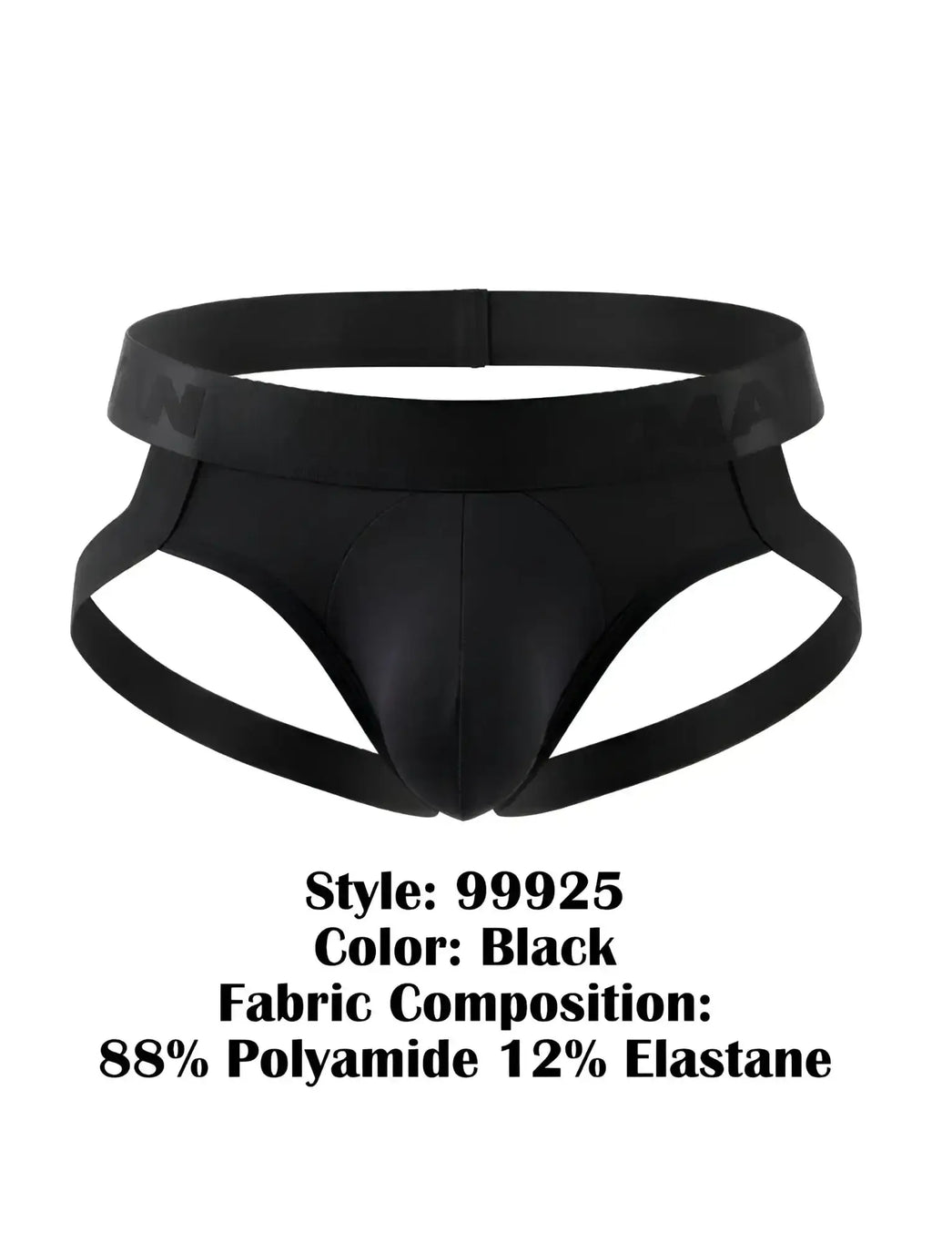 Front view of CandyMan 99925 black jockstrap.