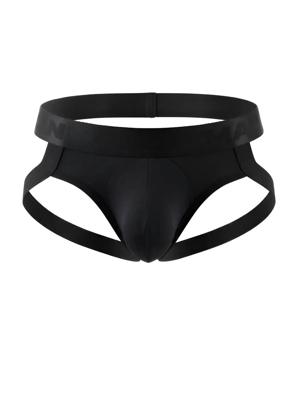 CandyMan 99925 black jockstrap, front view of the backless underwear style.