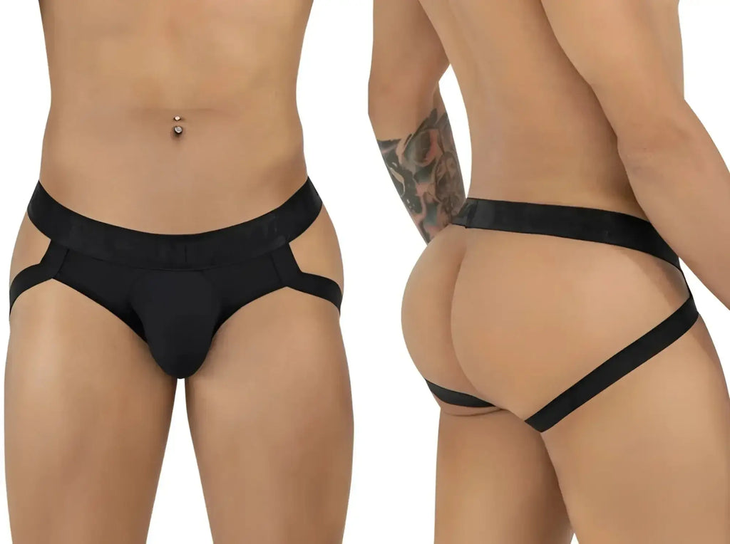 CandyMan 99925 black jockstrap shown in both front and back views.