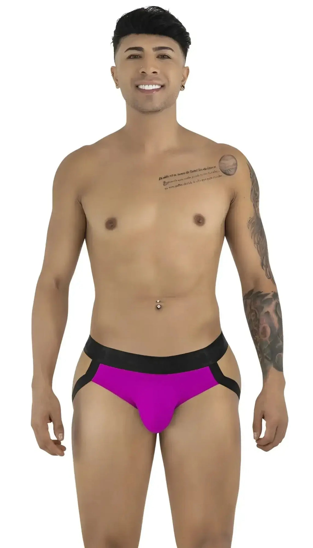 Front view of a model wearing a magenta CandyMan 99925 jockstrap.