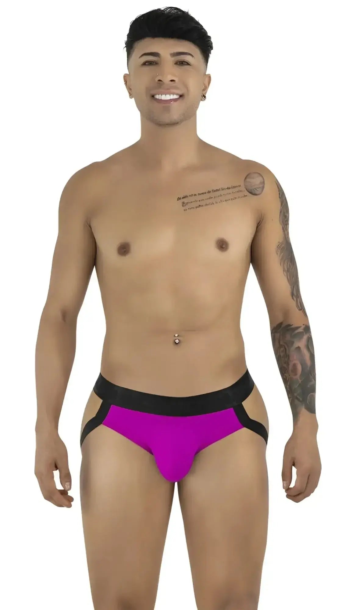 Front view of a model wearing a magenta CandyMan 99925 jockstrap.