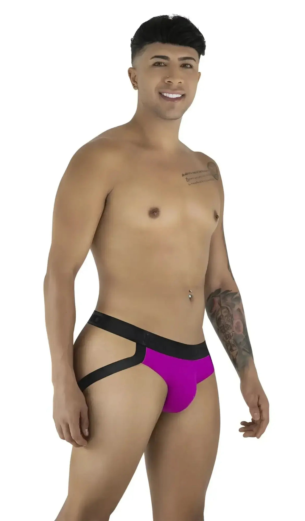CandyMan 99925 jockstrap in magenta. Side view of a model wearing the backless underwear.