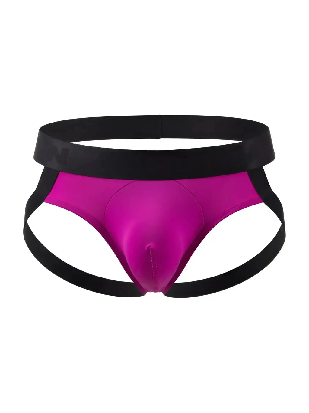 Front view of CandyMan 99925 magenta jockstrap with black elastic waistband and straps.