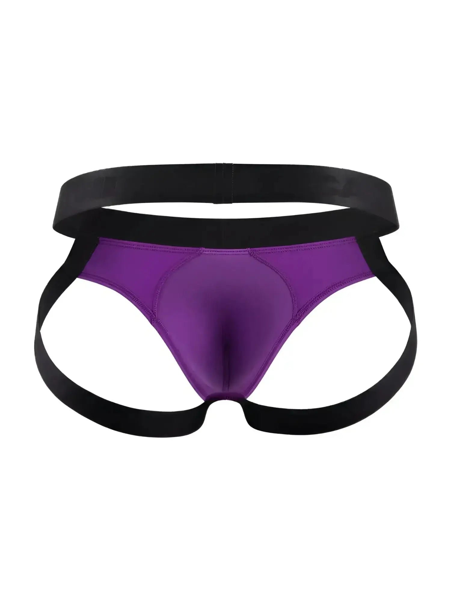 Front view of CandyMan 99925 jockstrap in orchid color with black waistband and leg straps.