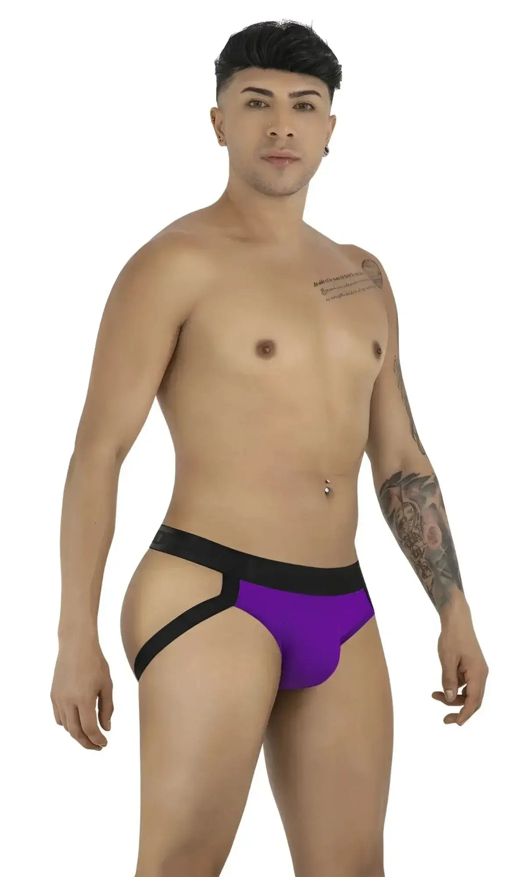 CandyMan 99925 Jockstrap in Orchid, side view of male model wearing backless athletic underwear.