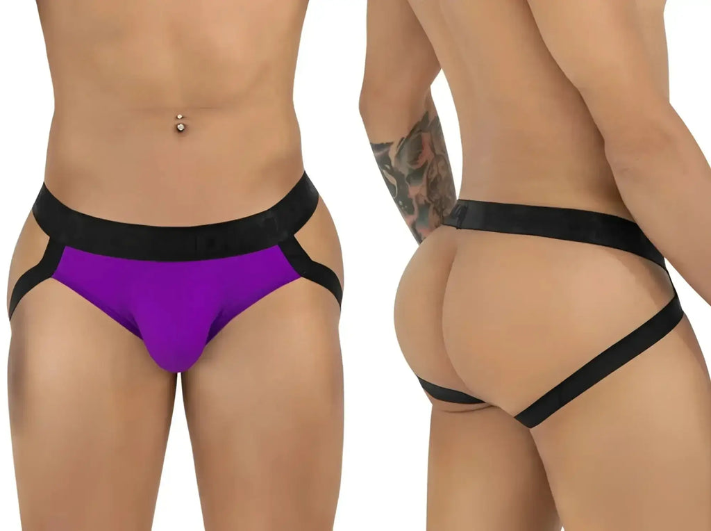 CandyMan 99925 jockstrap in orchid, showing front and back views on a model.