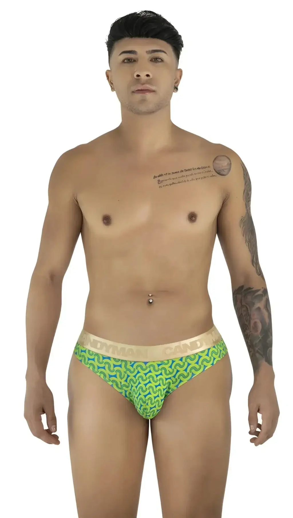 Front view of CandyMan 99926 briefs in printed green worn by a male model.