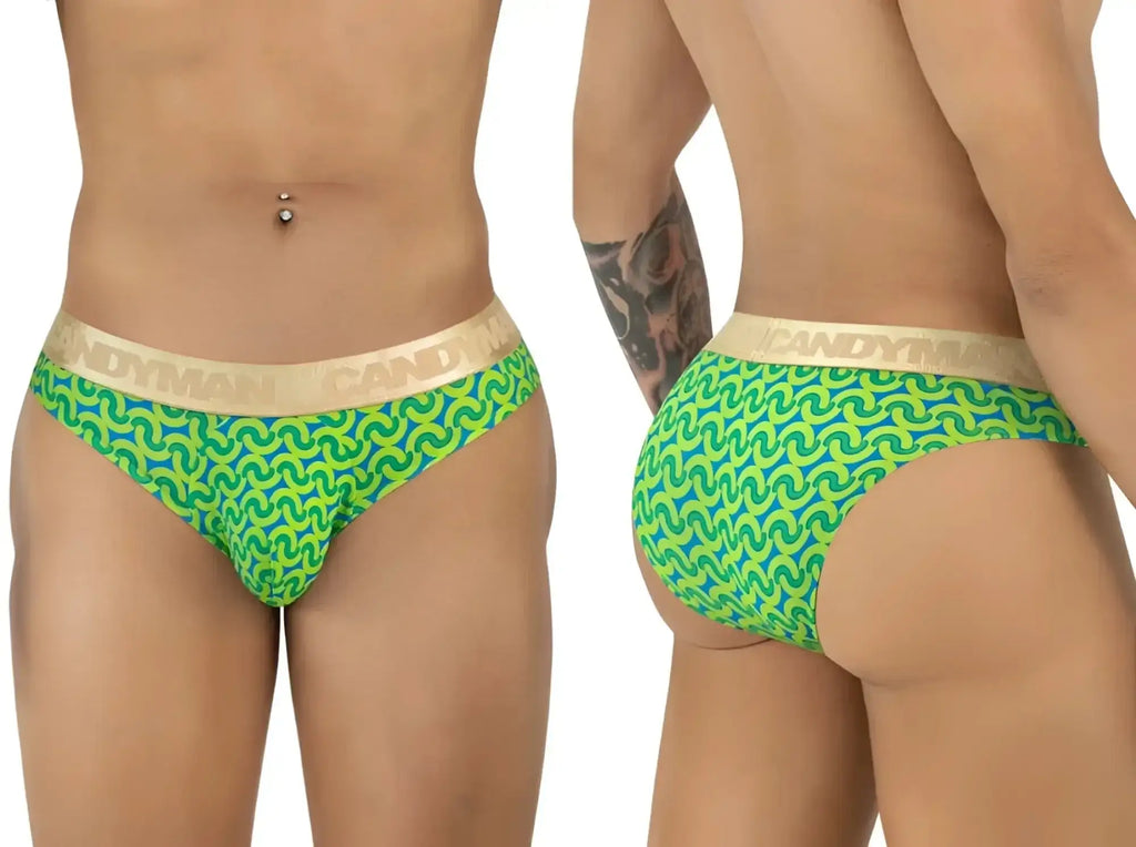 CandyMan 99926 briefs in printed green, showing front and back views on a model.
