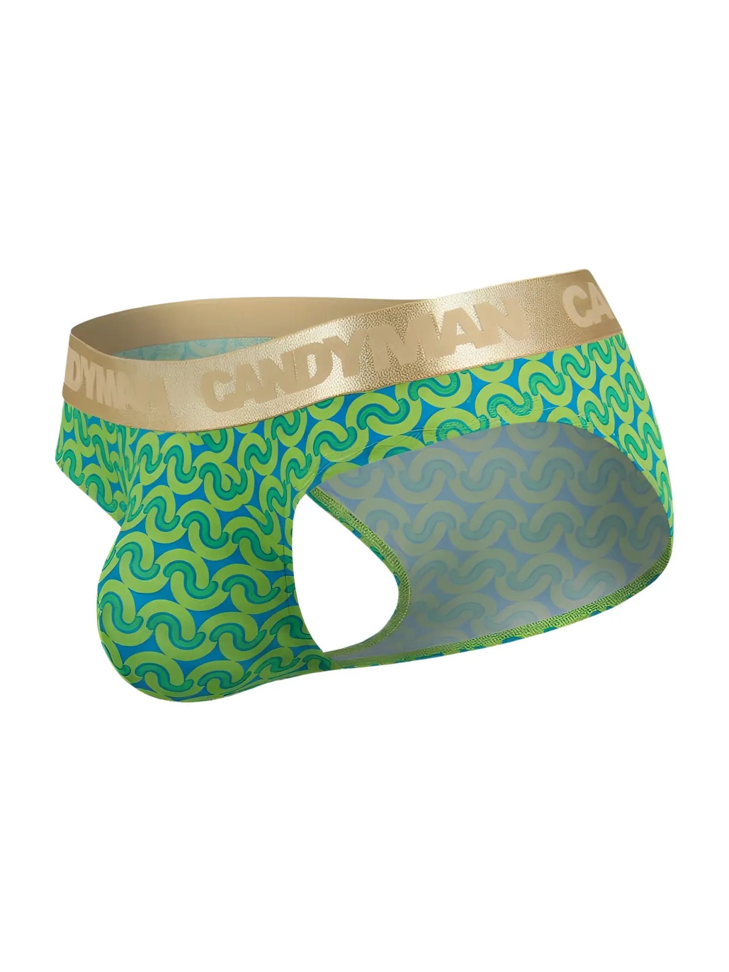 CandyMan 99926 printed green briefs in a product shot, showing the front view with a gold logo waistband.