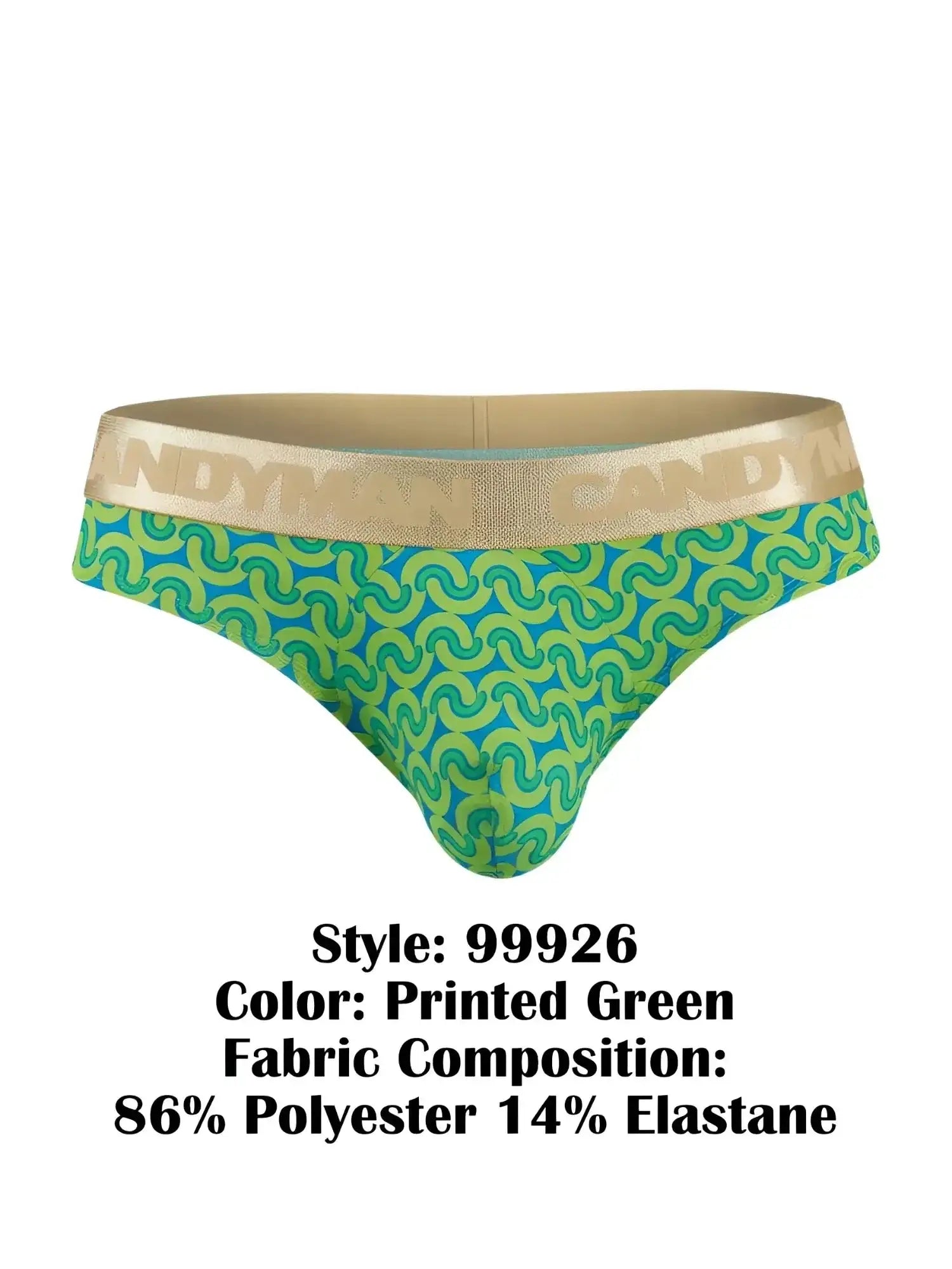 Front view of CandyMan 99926 briefs in printed green with a gold logo waistband.