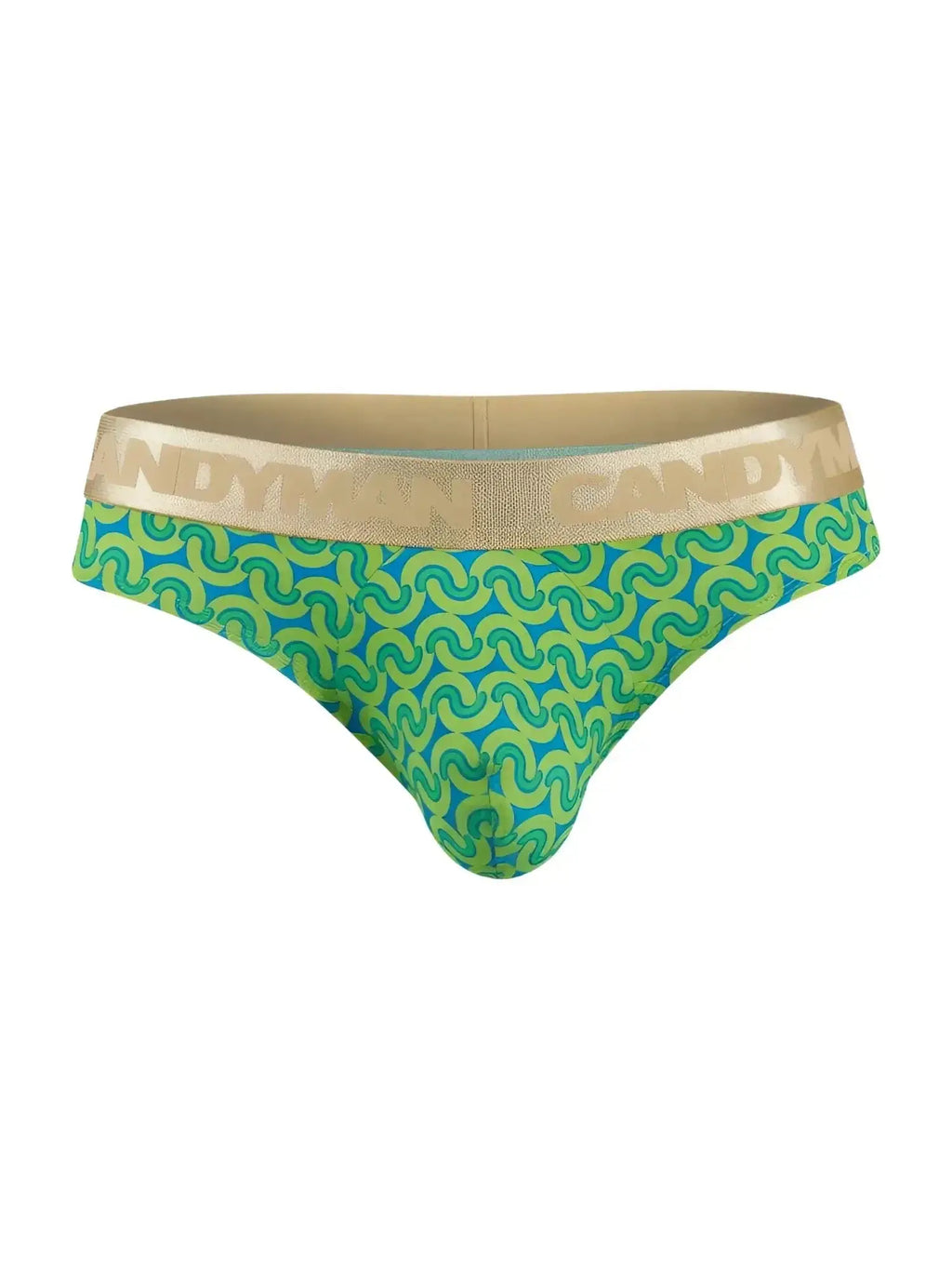 CandyMan 99926 printed green briefs in a studio front view.