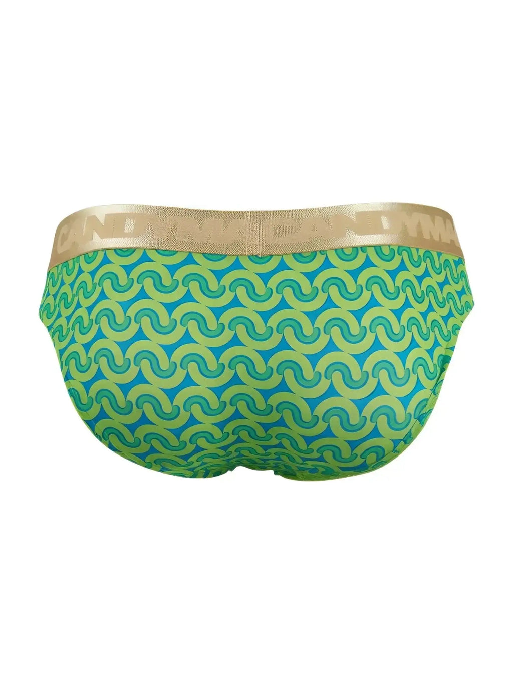 Back view of CandyMan 99926 printed green briefs with gold logo waistband.