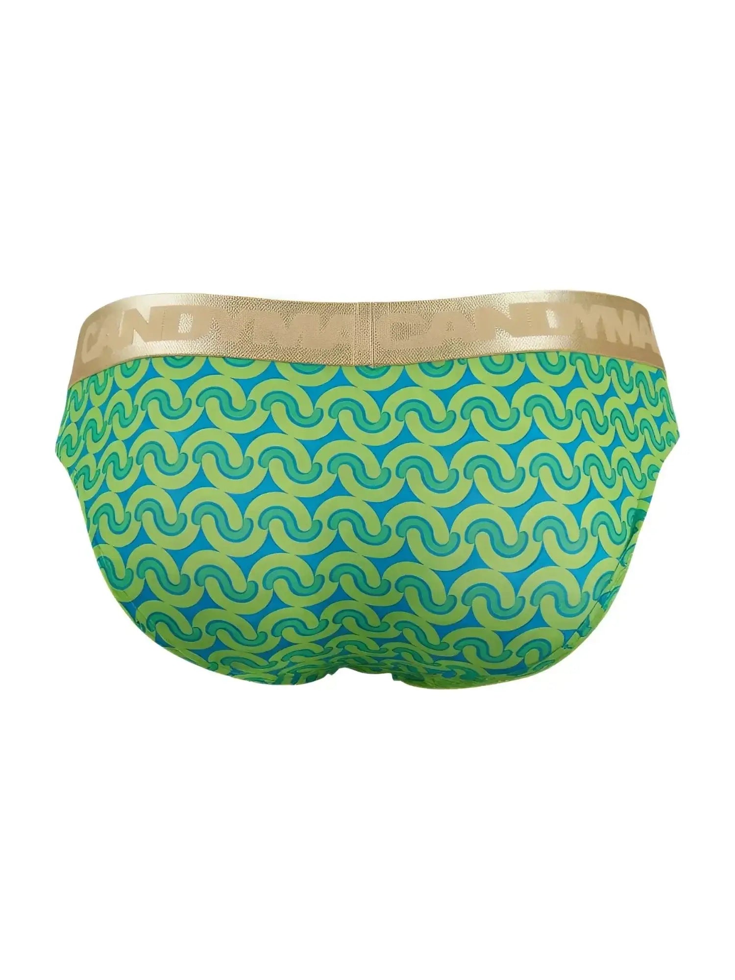 Back view of CandyMan 99926 printed green briefs with gold logo waistband.