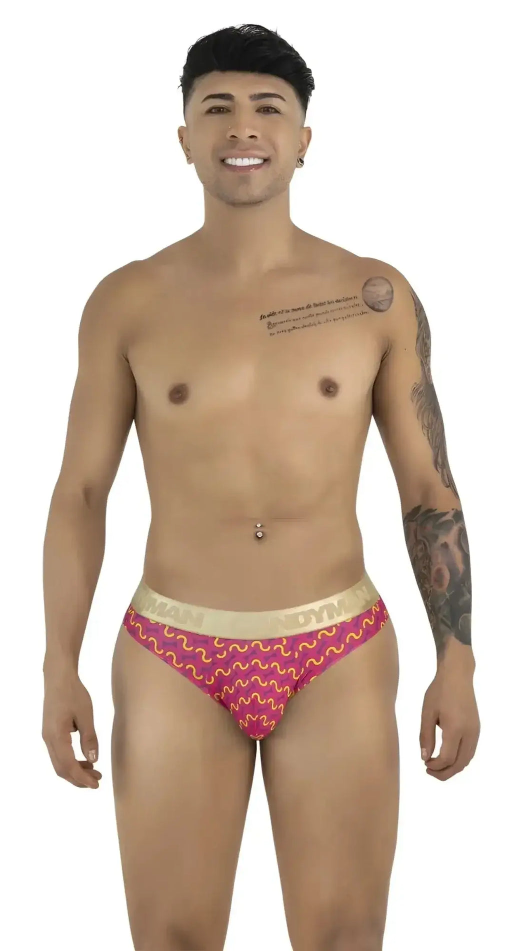 Front view of a model wearing CandyMan 99926 briefs in printed pink.