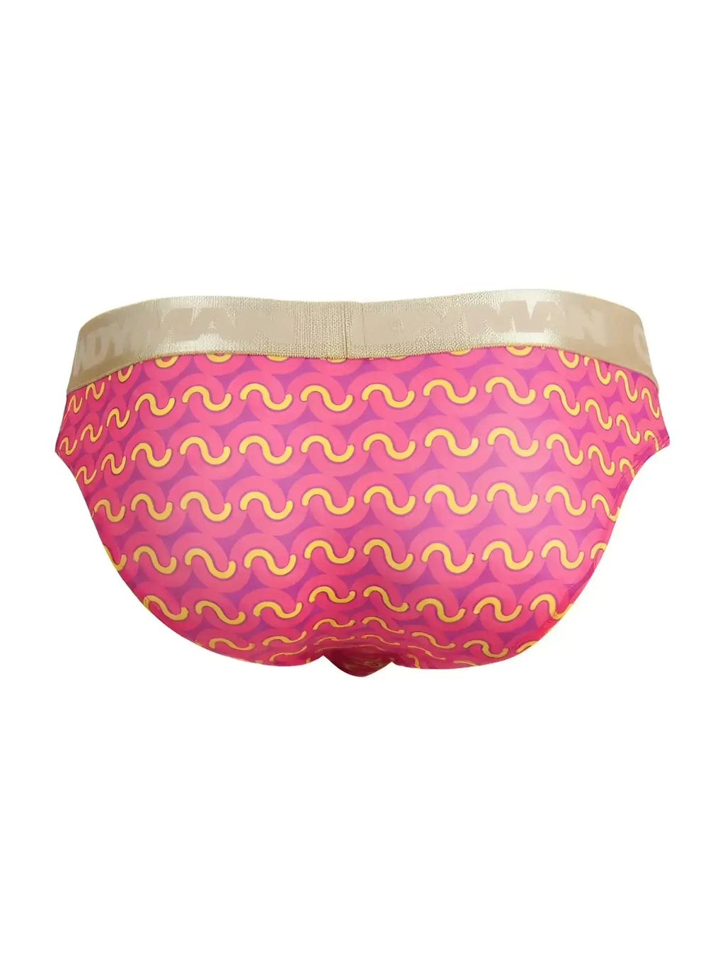 Back view of CandyMan 99926 briefs in printed pink with a gold logo waistband.