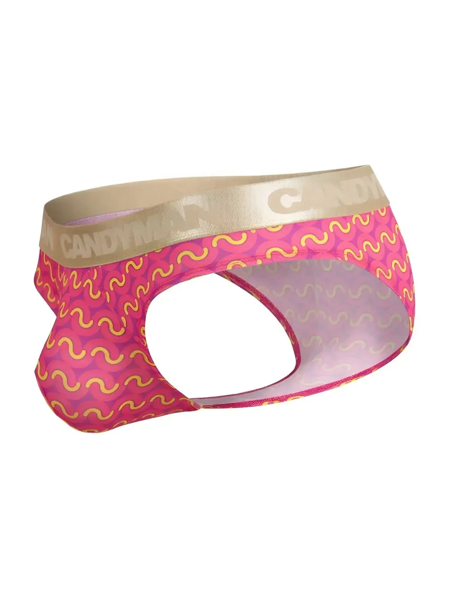 CandyMan 99926 printed pink briefs, side-angle view showing the waistband and cut-out design.