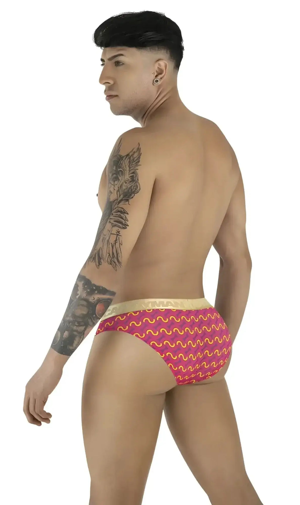 CandyMan 99926 briefs in printed pink, rear view showcasing the fit on a model.