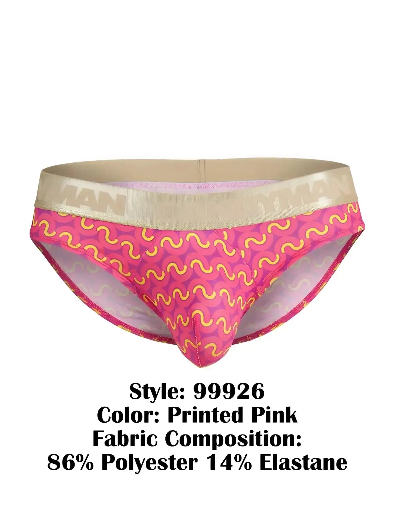 Front view of CandyMan 99926 briefs in printed pink with a gold logo waistband.