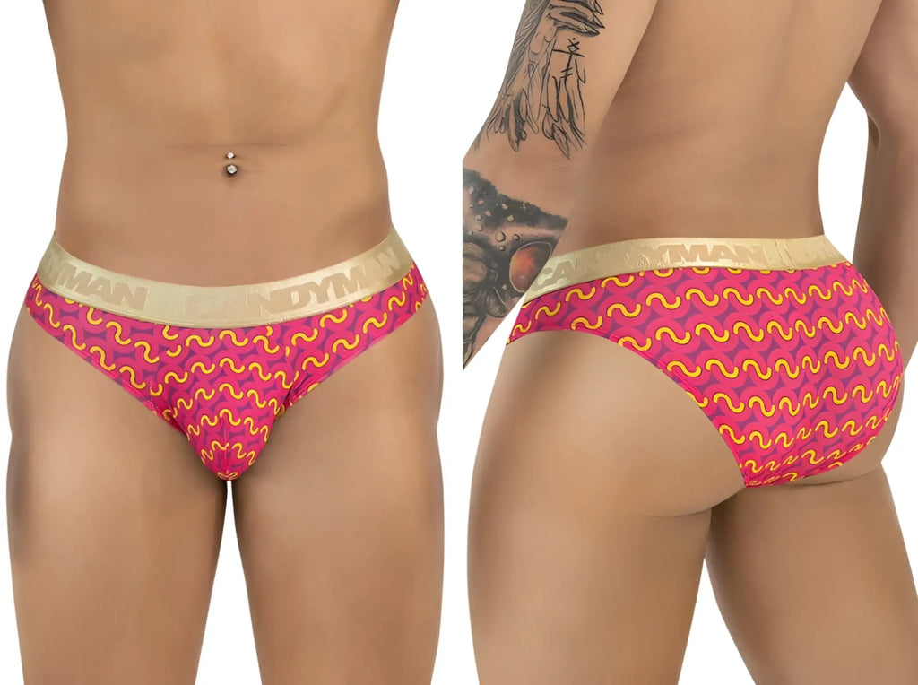 CandyMan 99926 briefs in printed pink. Front and back view of the men's underwear with a gold waistband.