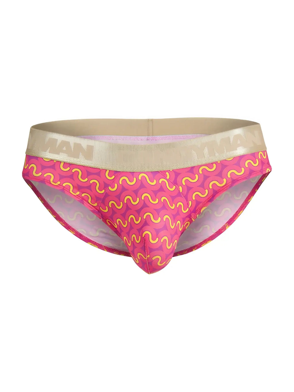 Front view of CandyMan 99926 briefs in printed pink with a tan branded waistband.