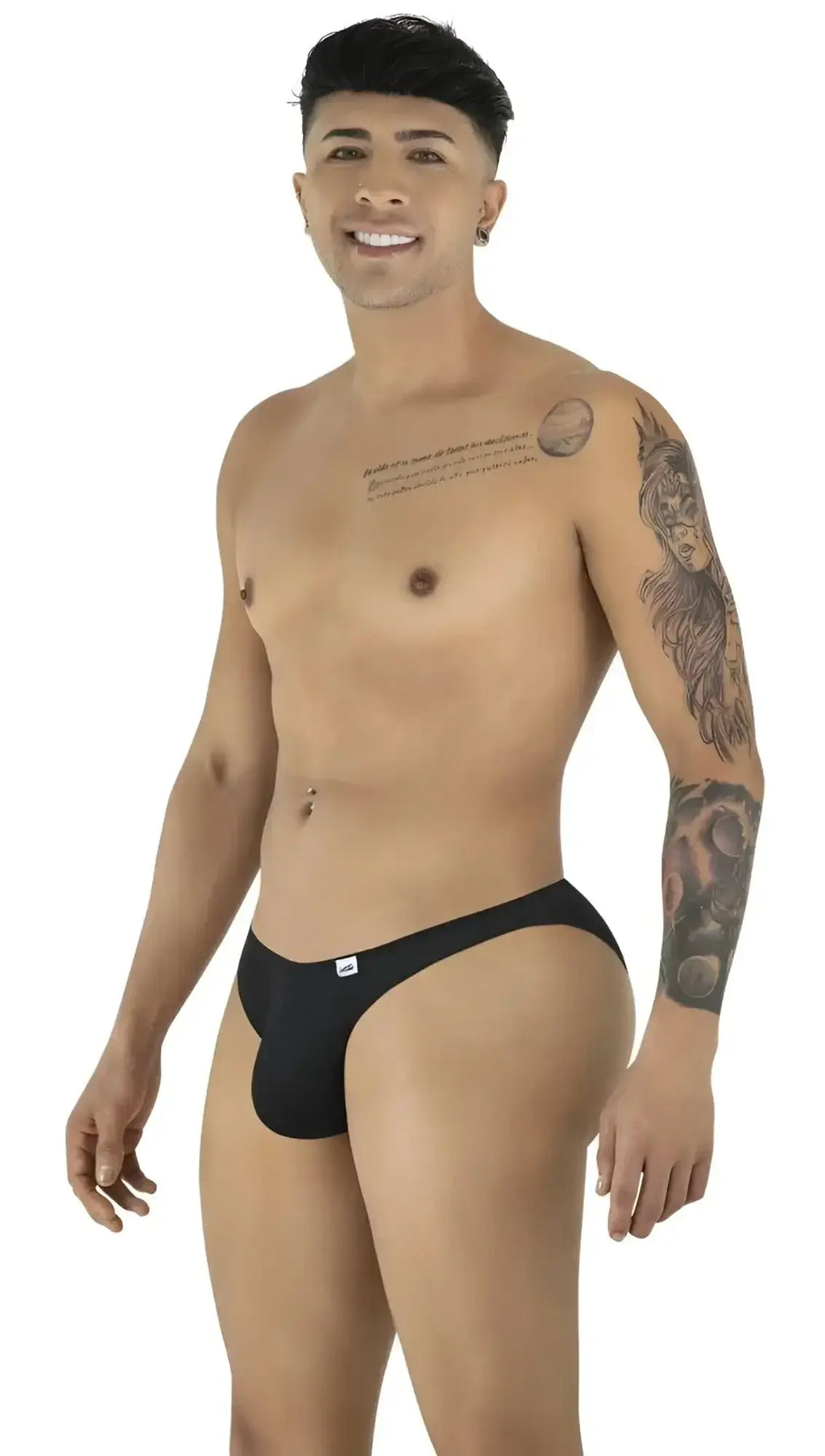 CandyMan 99928 bikini in black, shown in a front/side lifestyle view on a male model.