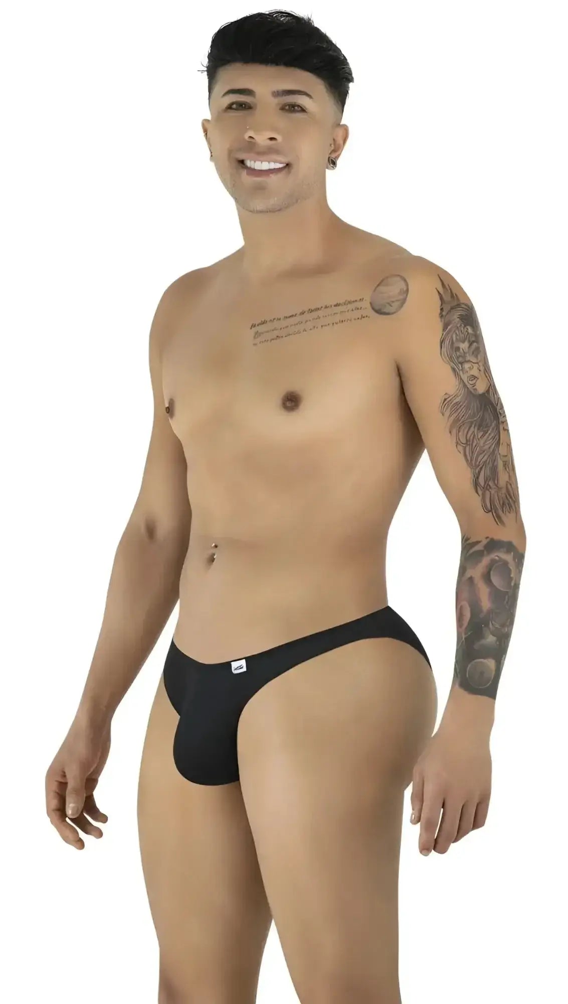 CandyMan 99928 bikini in black, shown in a front/side lifestyle view on a male model.
