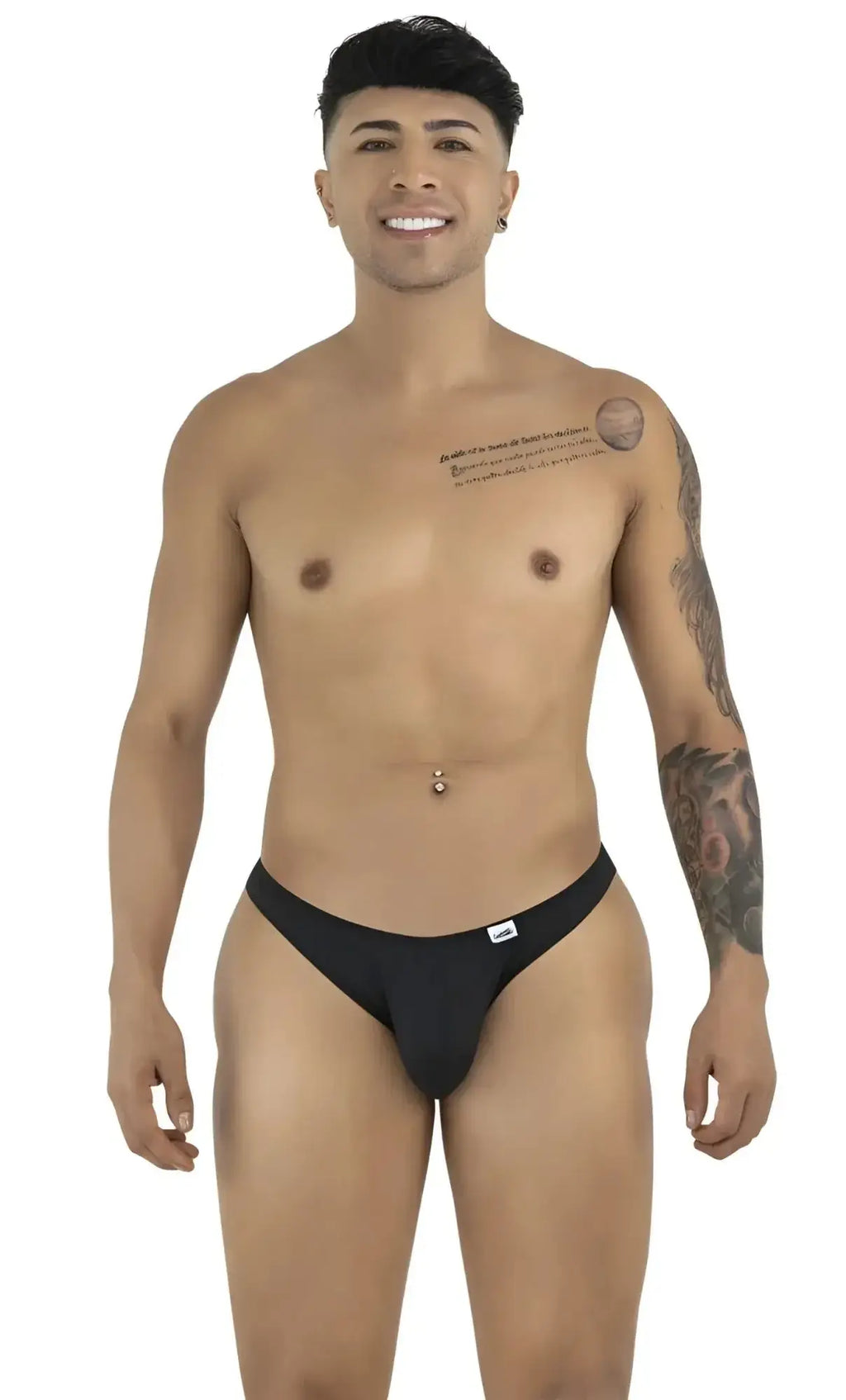 Front view of a model wearing CandyMan 99928 black bikini underwear.