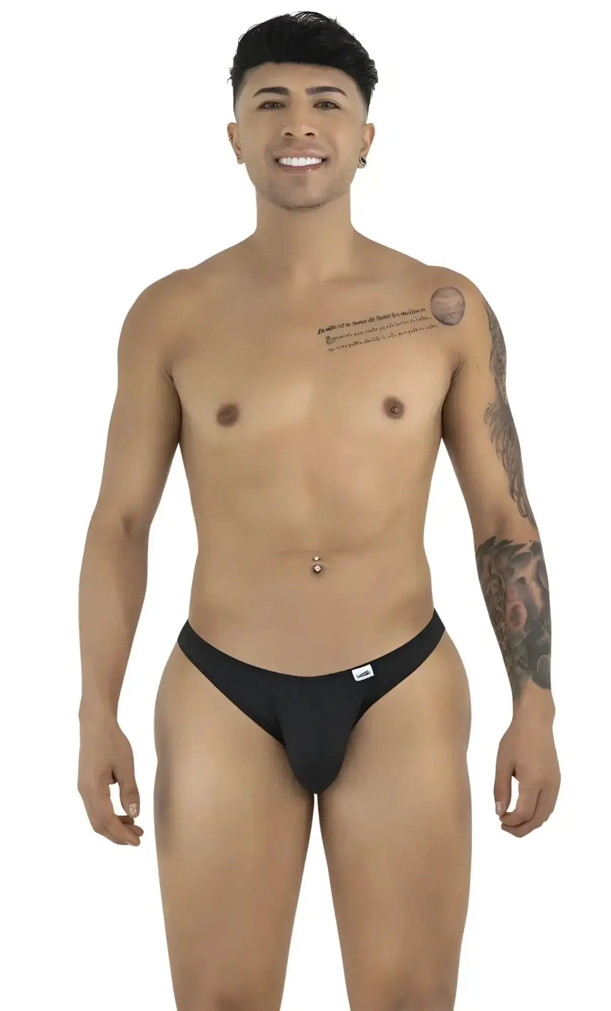 Front view of a model wearing CandyMan 99928 black bikini underwear.