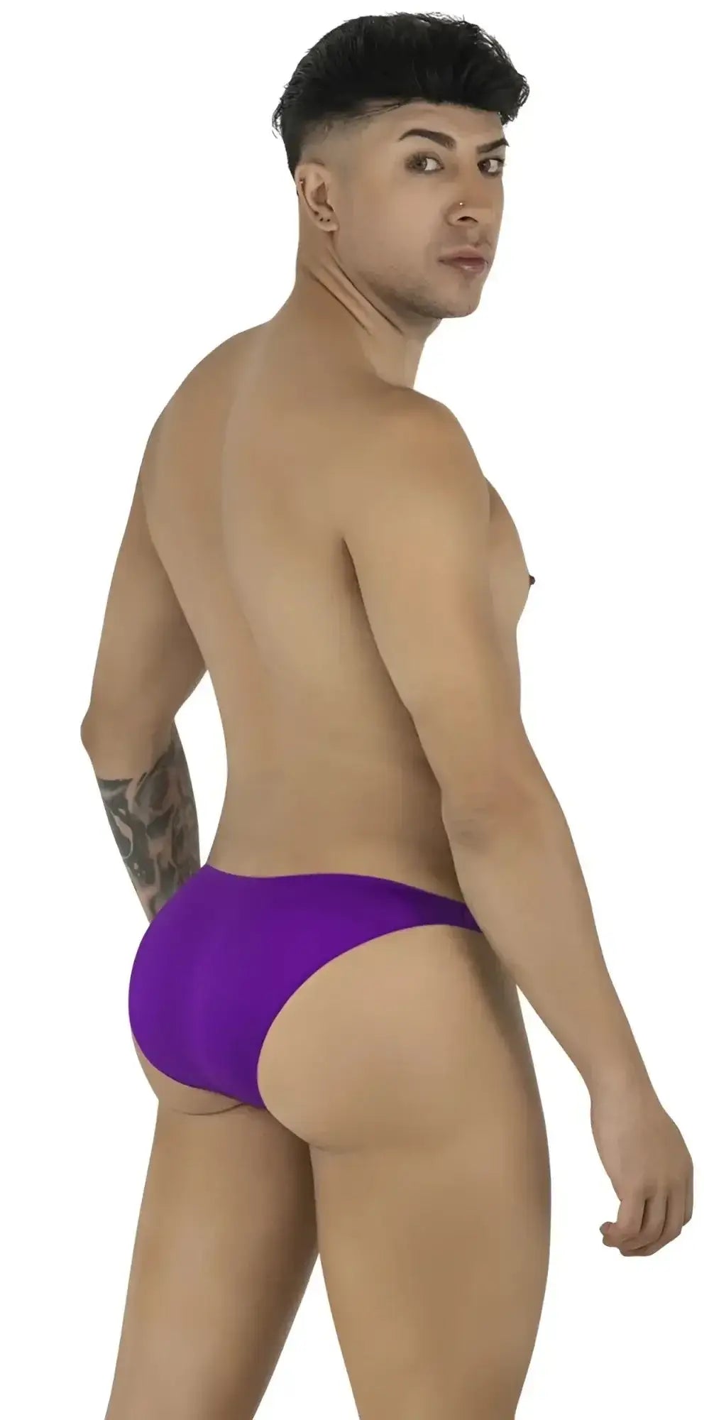CandyMan 99928 bikini in orchid, back view showcasing the underwear fit on a male model.