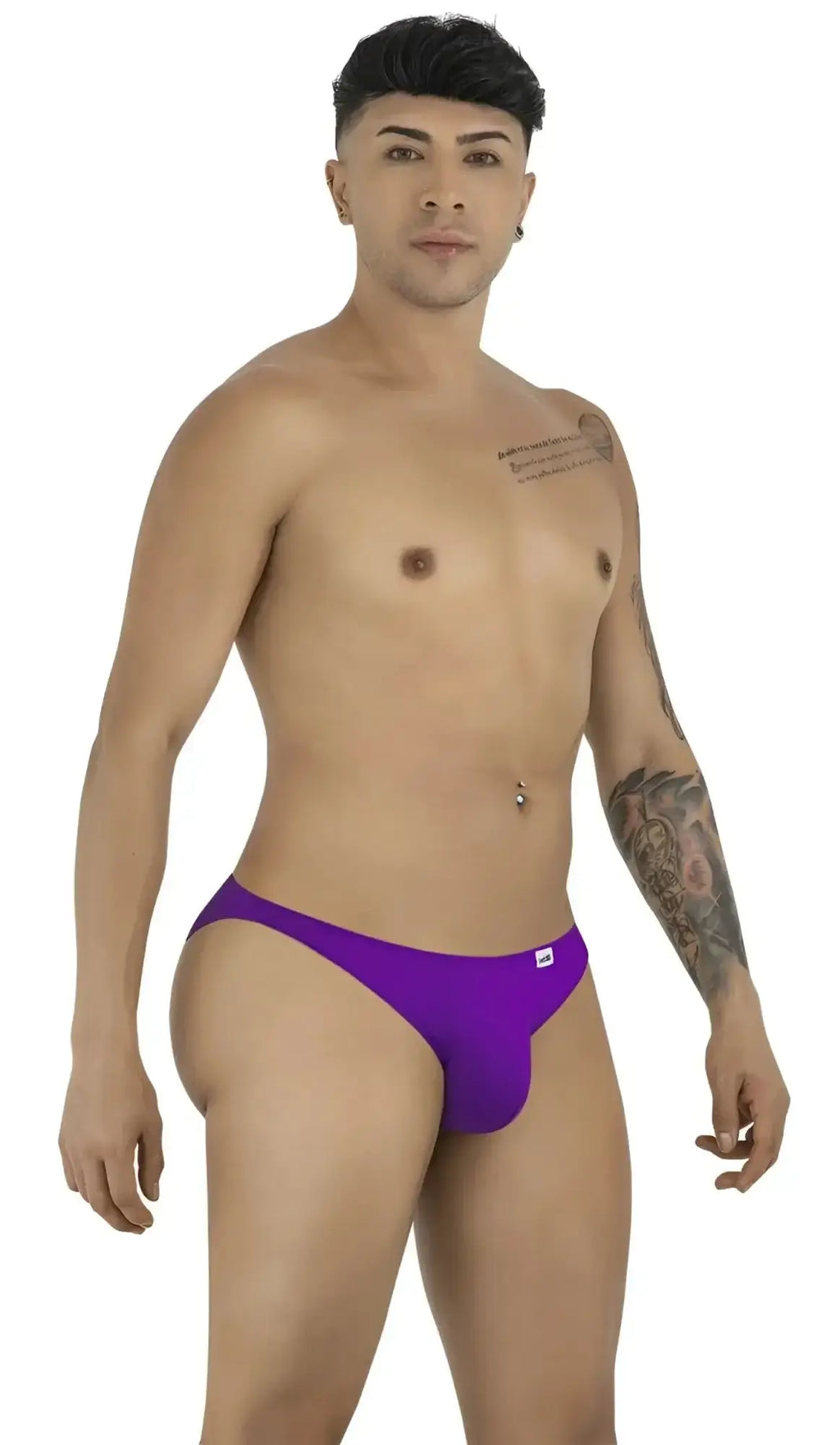 CandyMan 99928 bikini in orchid, studio shot showing front and side view on a male model.