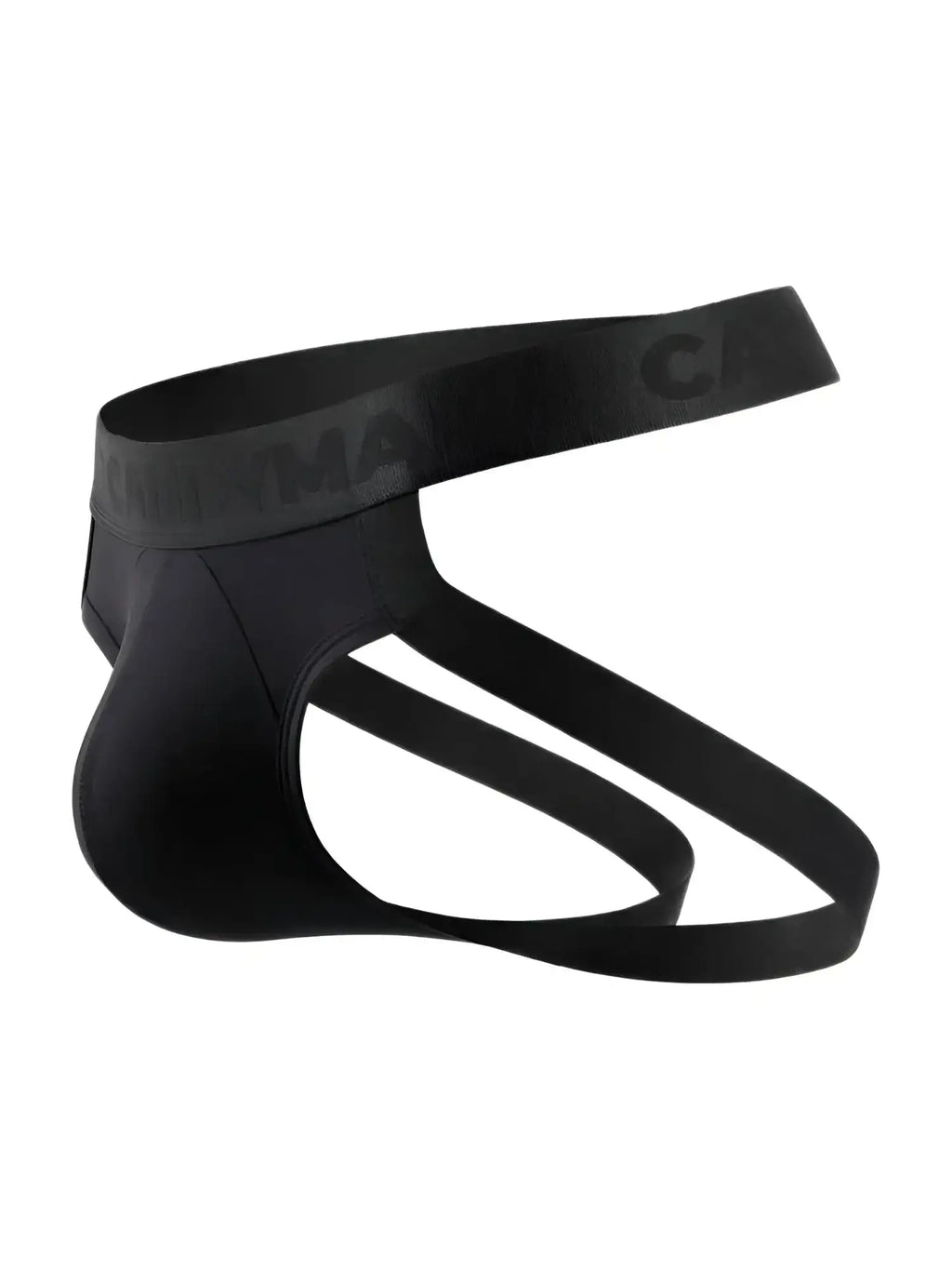 Side view of the black CandyMan 99929 jockstrap with elastic logo waistband.