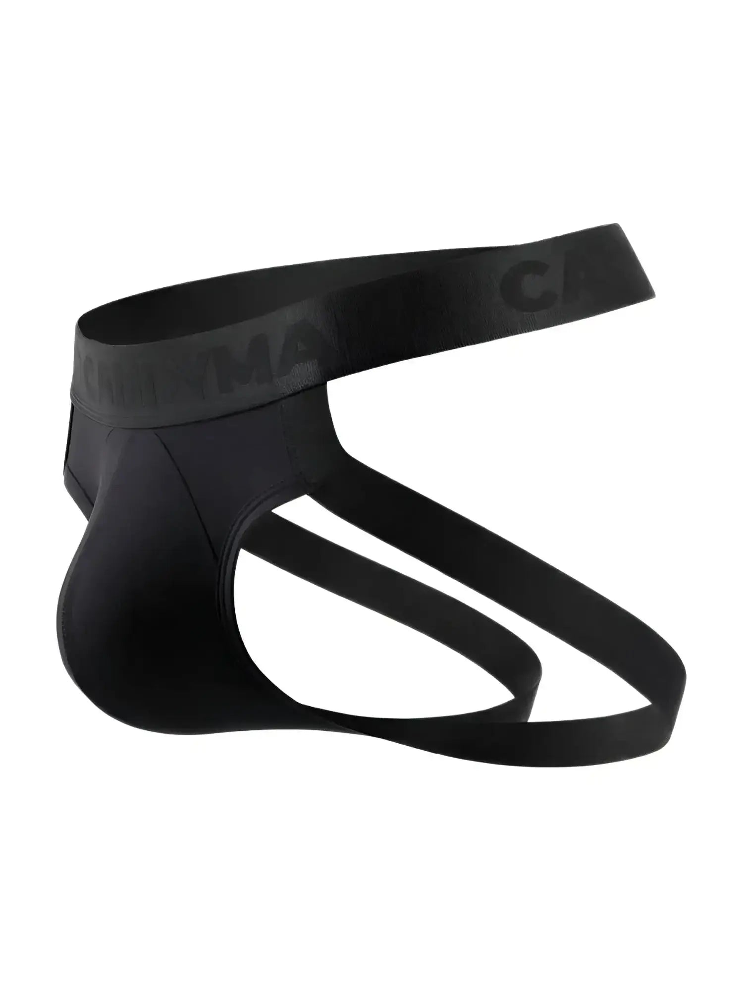 Side view of the black CandyMan 99929 jockstrap with elastic logo waistband.