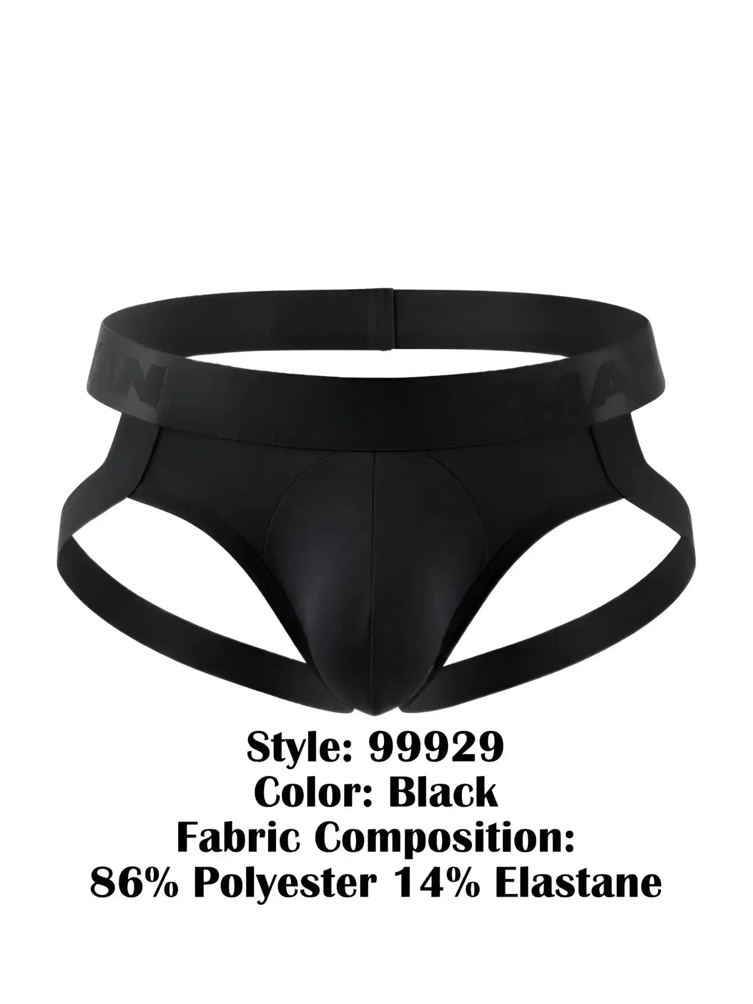 Front view of the black CandyMan 99929 jockstrap on a white background.