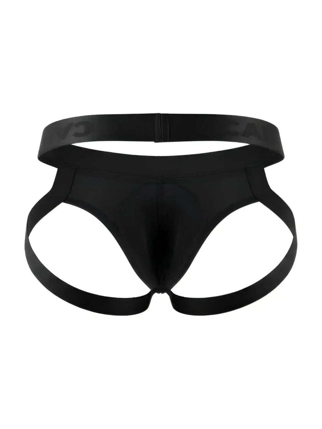 CandyMan 99929 black jockstrap, front view studio product shot.