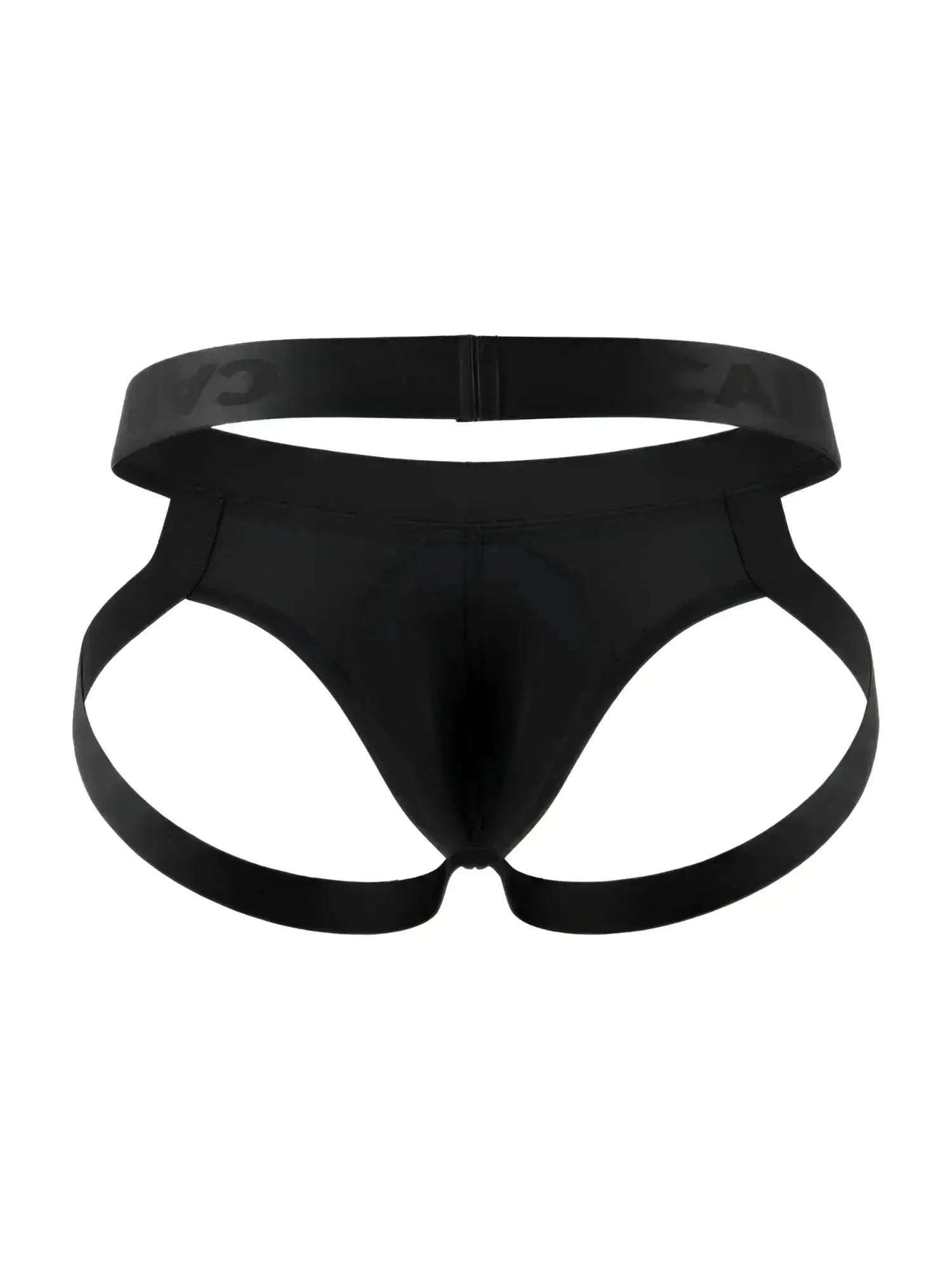 CandyMan 99929 black jockstrap, front view studio product shot.