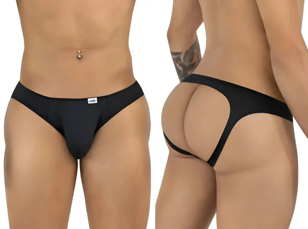 CandyMan 99929 black jockstrap shown in both front and back views.