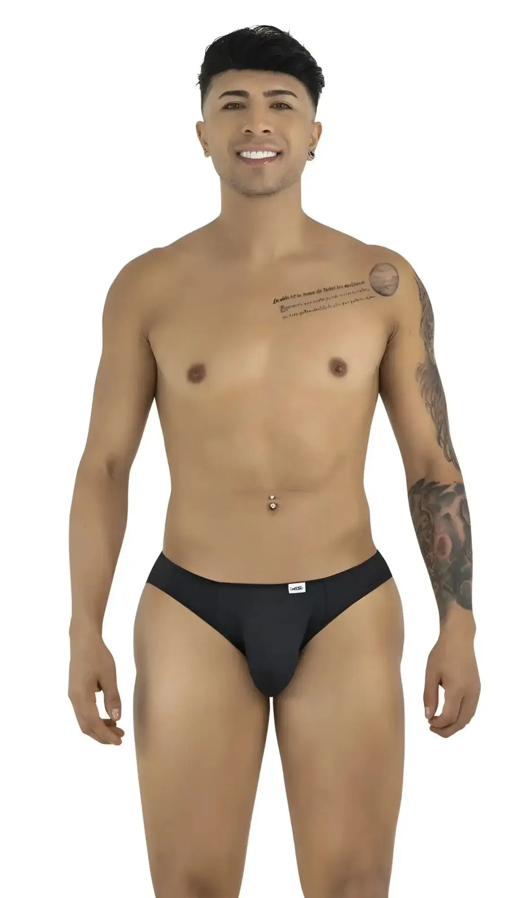 Front view of a man wearing a black CandyMan 99929 jockstrap.