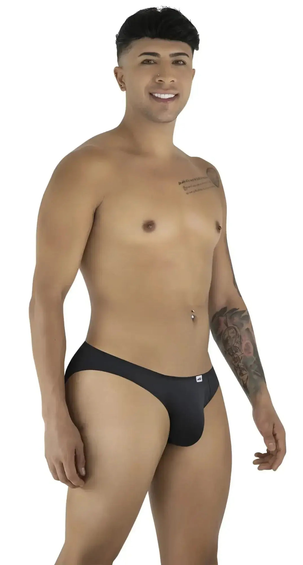 CandyMan 99929 black jockstrap on a male model, side-front view studio shot.