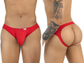 CandyMan 99929 red jockstrap: front and back view showing backless design on a male model.