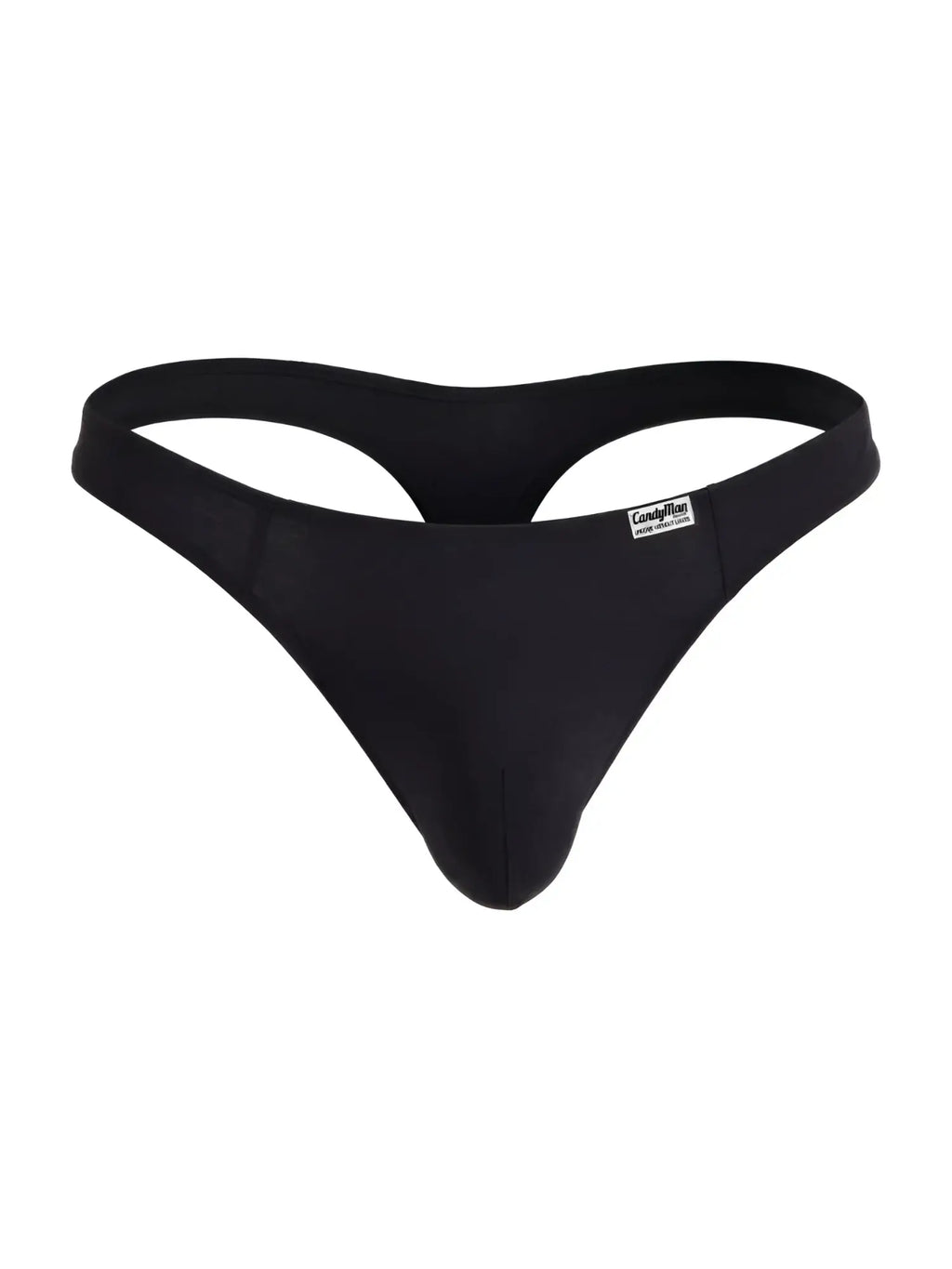 Front view of CandyMan 99930 thong in black, showcasing the design of this men's G-string underwear.