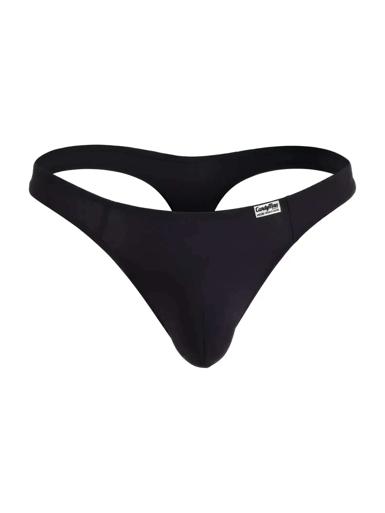 Front view of CandyMan 99930 thong in black, showcasing the design of this men's G-string underwear.