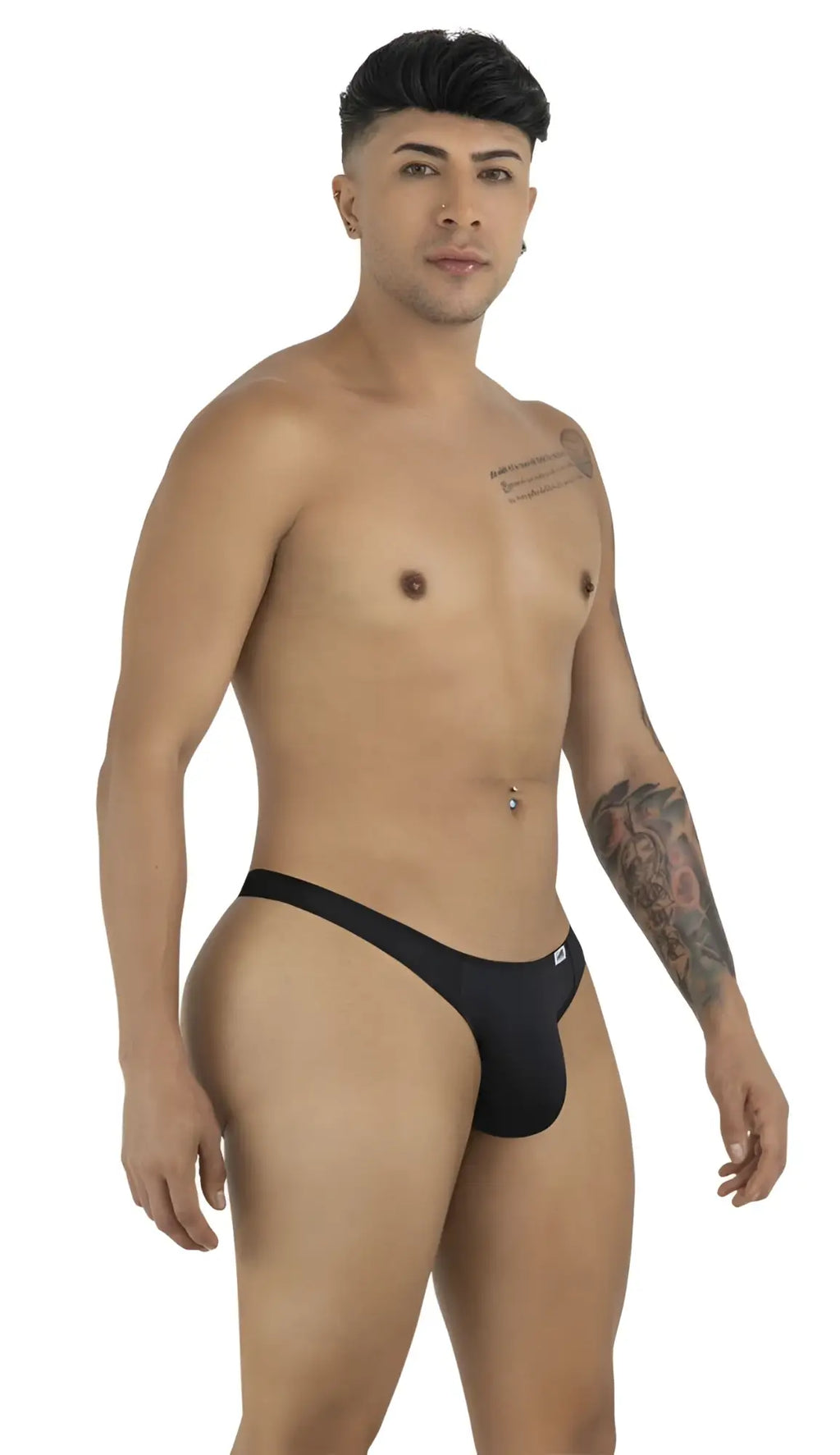 CandyMan 99930 thong in black, shown from a three-quarter studio view on a male model.