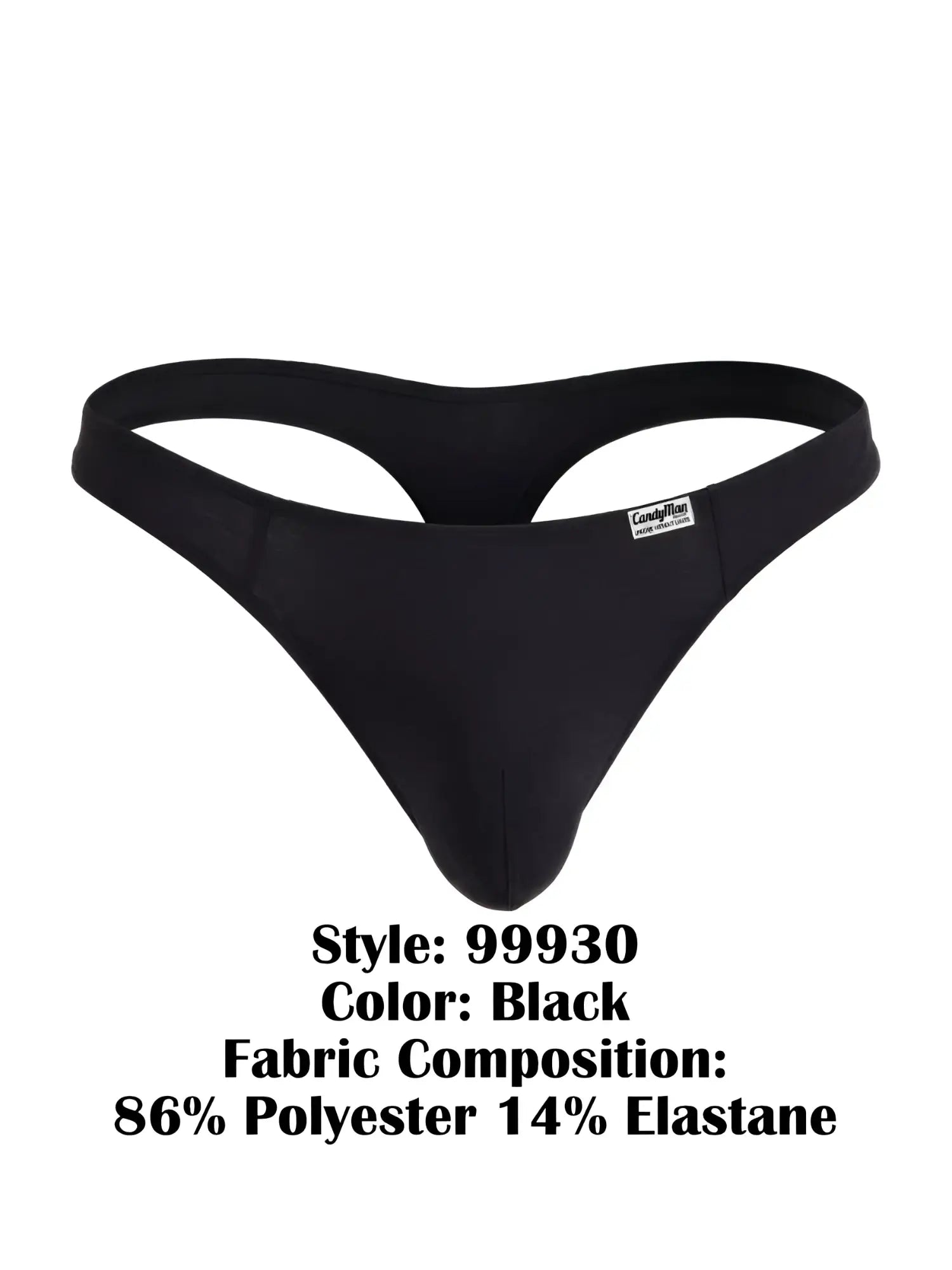 CandyMan 99930 thong in black, front view of men's underwear with product information text below.