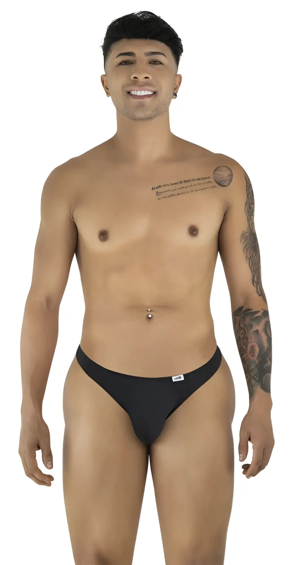 Front view of the CandyMan 99930 thong in black, worn by a male model.