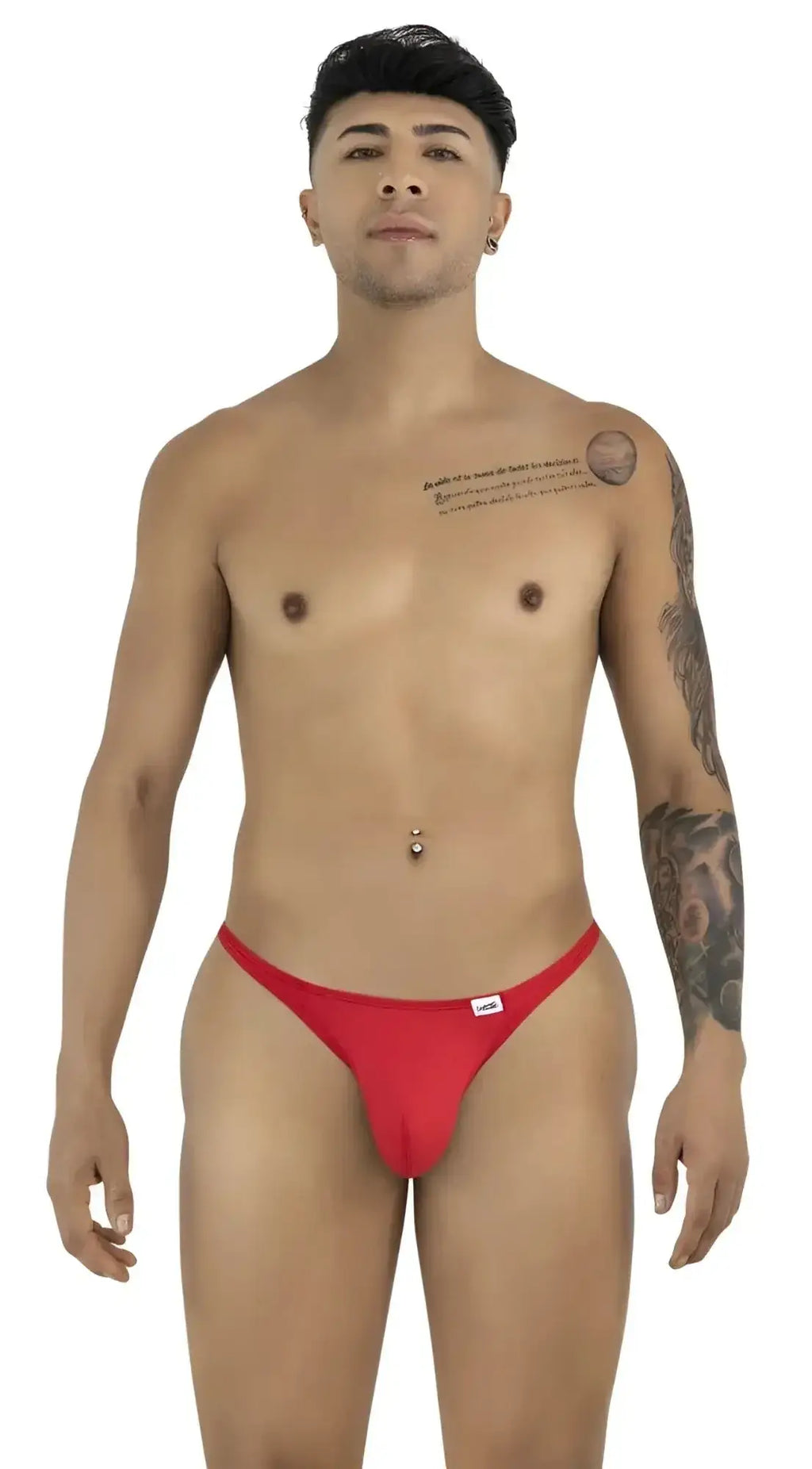 Front view of a model wearing CandyMan 99930 red thong underwear.