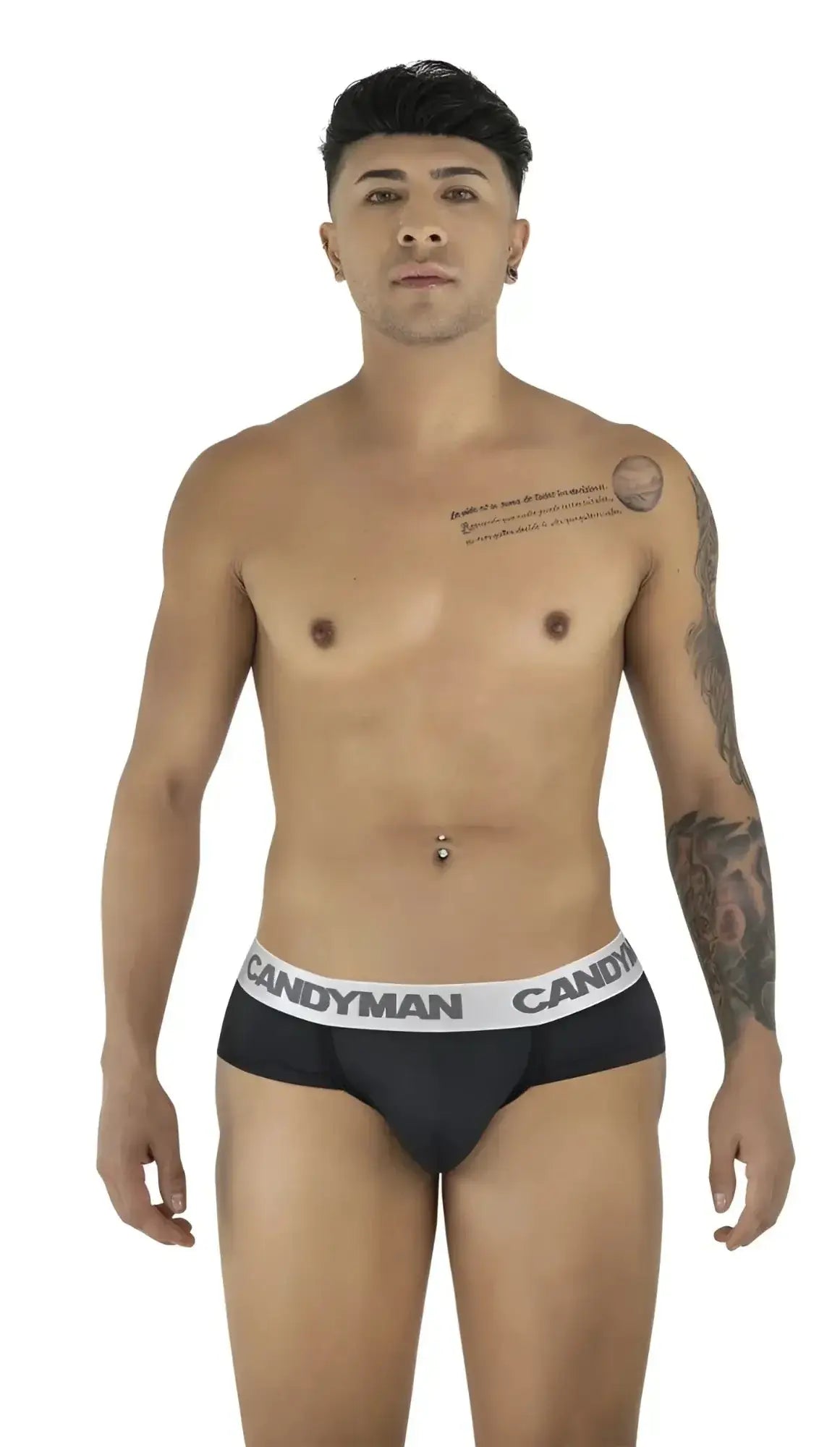 Front view of a model wearing black CandyMan 99932 briefs with a logo waistband.