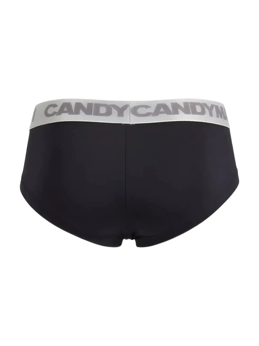 Back view of the black CandyMan 99932 briefs featuring a branded grey waistband.