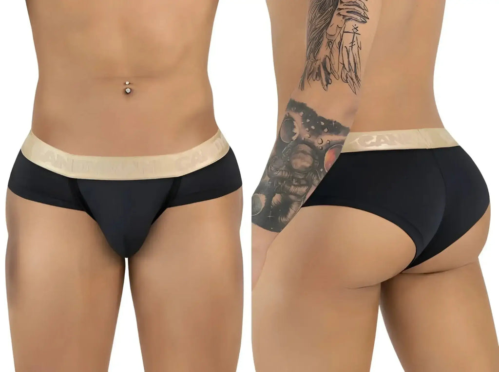 Front and back view of black-gold CandyMan 99932 briefs on a model.