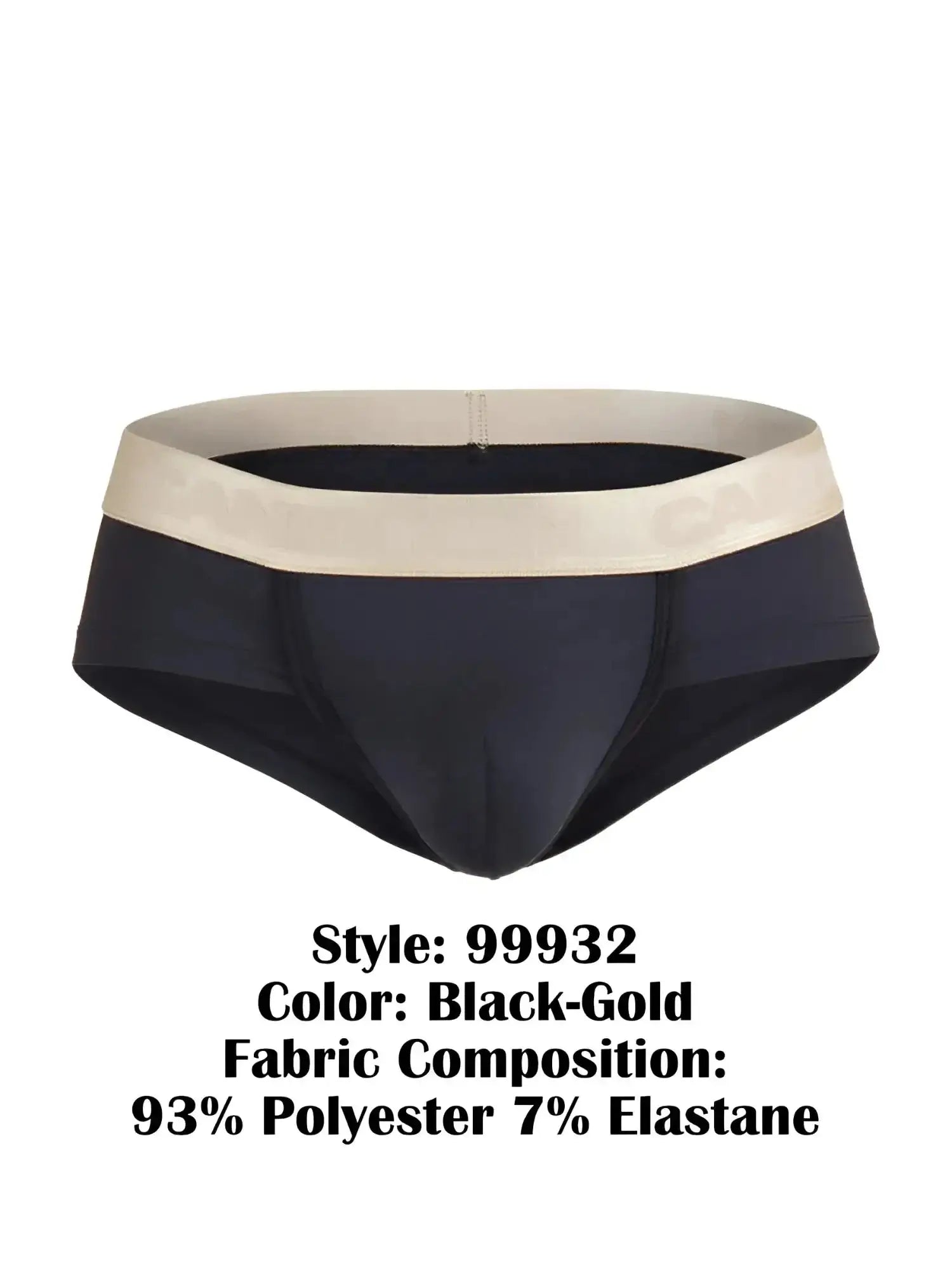 Front view of CandyMan 99932 black and gold briefs isolated on a white background.