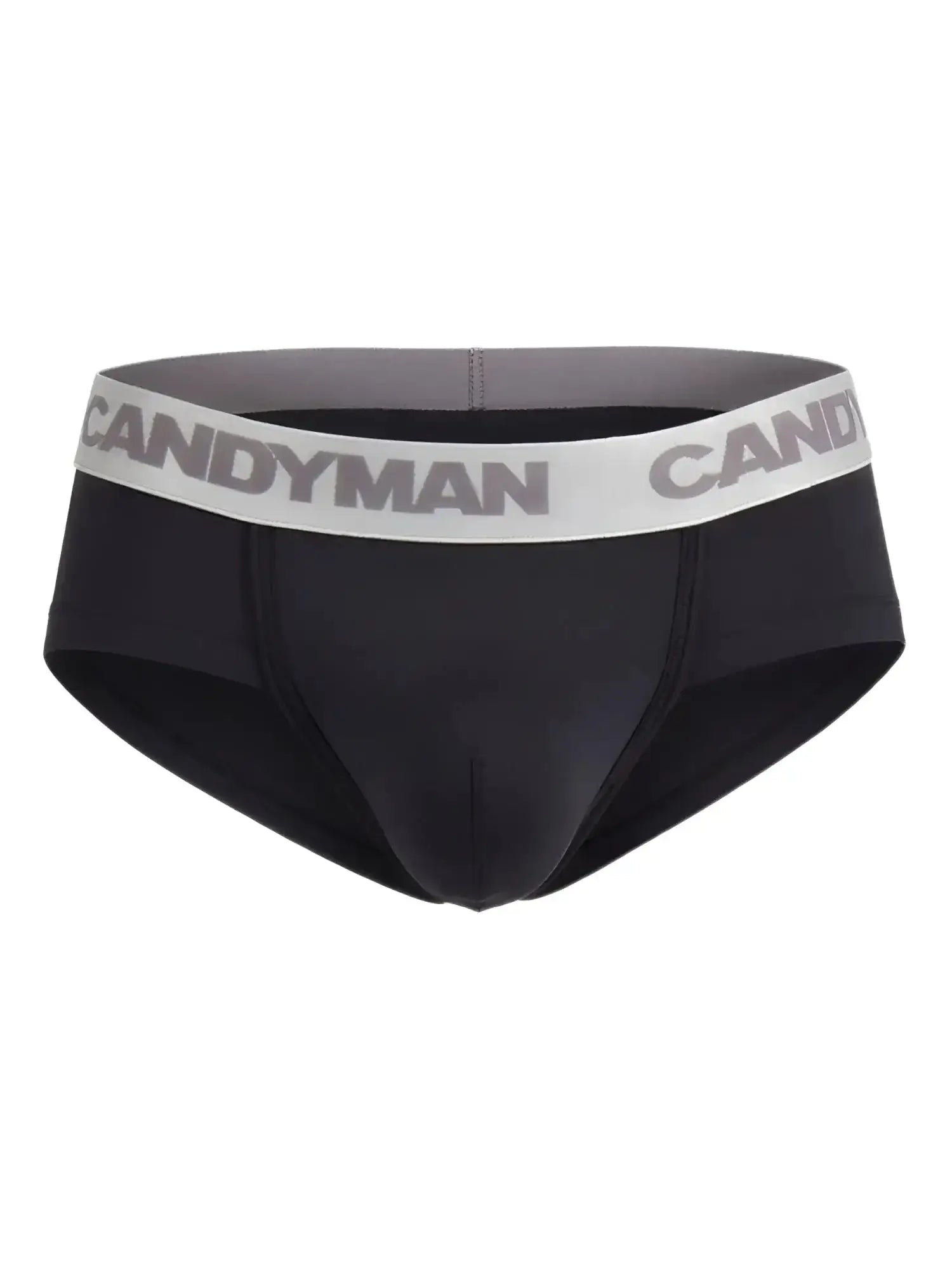 Front view of black CandyMan 99932 briefs with a branded elastic waistband.